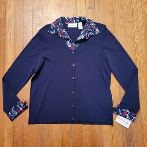 Alfred Dunner Cote DAzur Navy Blue Floral Layered Cardigan Sweater M Grandma
